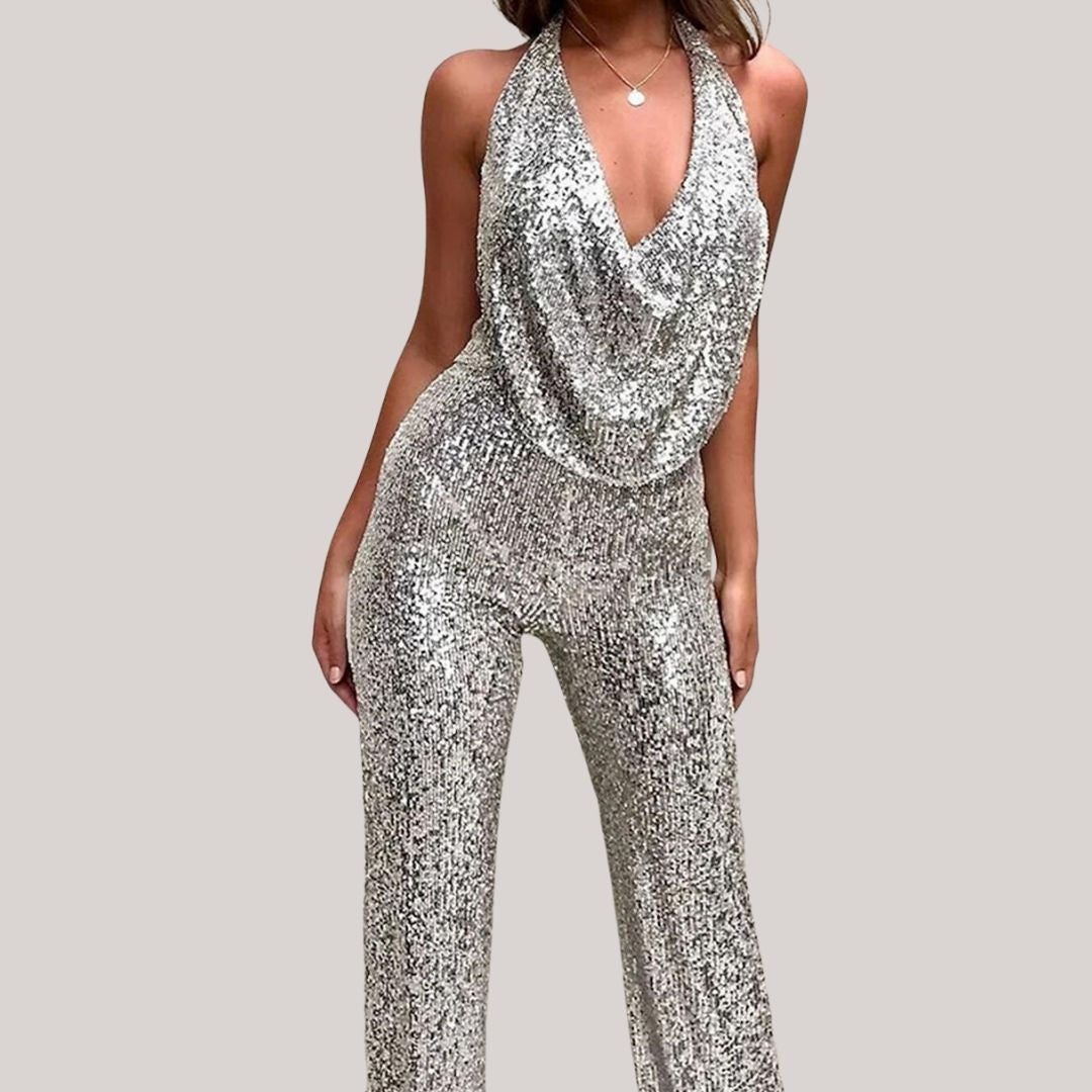 Nalini - Een stijlvolle glitterjumpsuit met een halslijn.