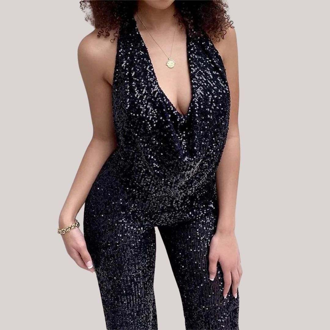 Nalini - Een stijlvolle glitterjumpsuit met een halslijn.