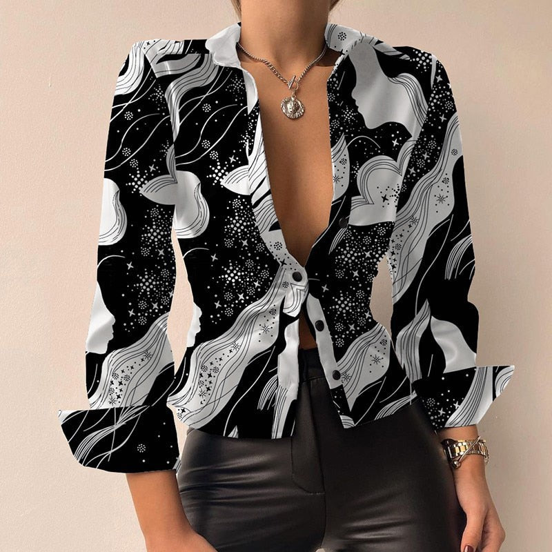 Katie - Stijlvolle PU Leer Patchwork Print V-hals Blouse