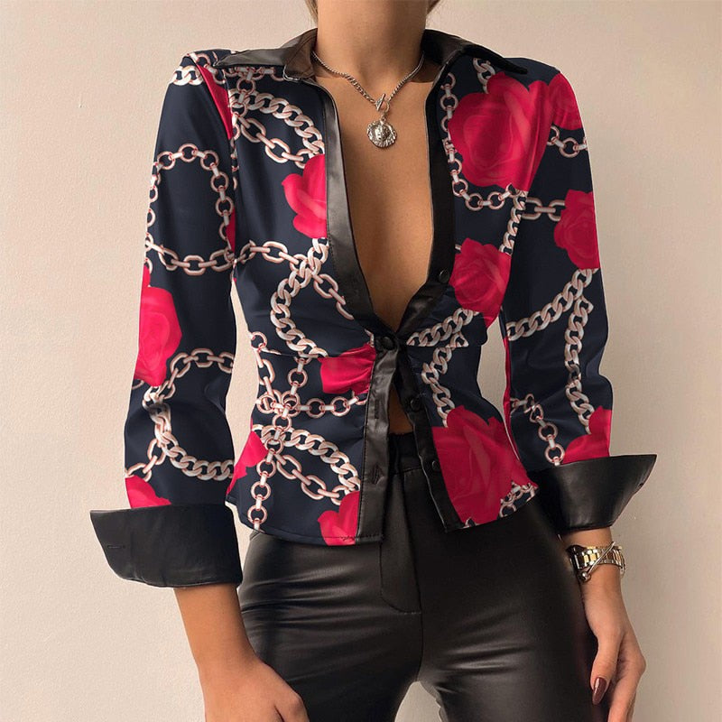 Katie - Stijlvolle PU Leer Patchwork Print V-hals Blouse